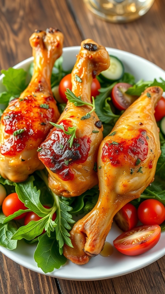 Crispy baked chicken drumsticks on a plate with fresh herbs and a colorful salad.